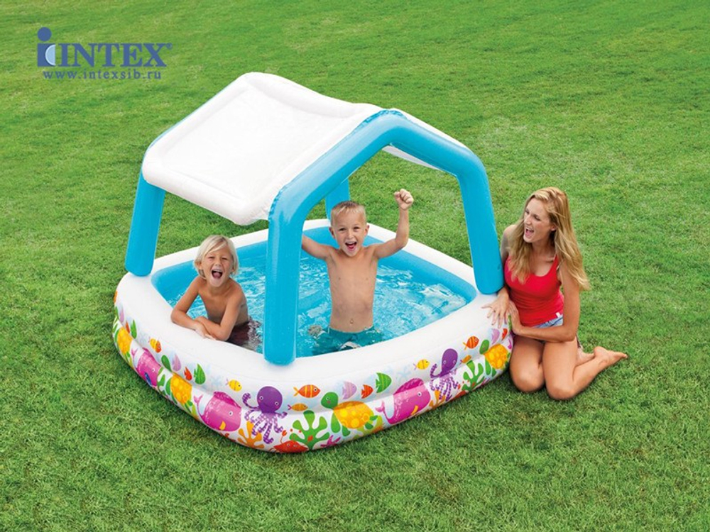 Бассейн надувной Домик с навесом 157х157х122 см. арт. 57470 intex