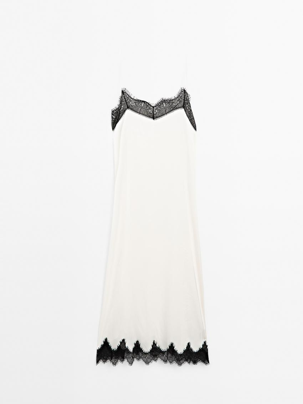 Massimo Dutti Длинное комбинированное платье в бельевом стиле, натуральный, кремовый