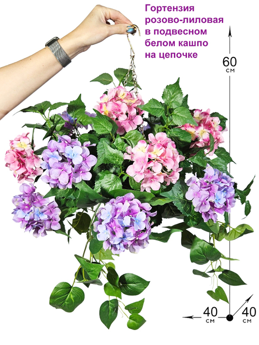 Гортензия розово-лиловая 60см в подвесном белом кашпо на цепочке