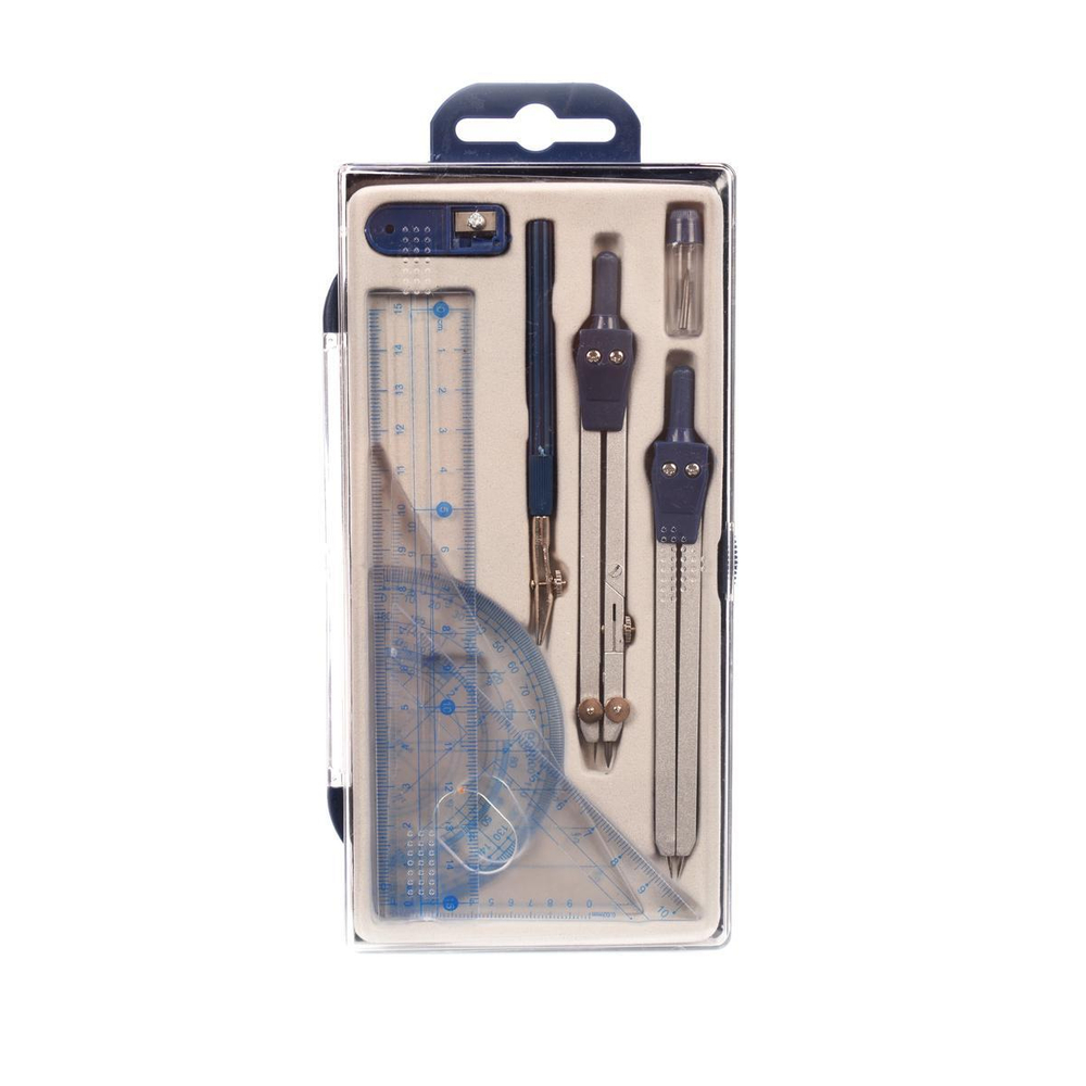 Готовальня 9 предметов: циркуль металл.+грифели, циркуль-измериитель, рейсфедер, точилка, 4 линейки,