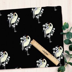 Ткань шифон японский журавль на черном