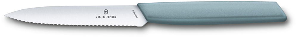 Фото нож для овощей и фруктов VICTORINOX Swiss Modern, волнистое лезвие из нержавеющей стали 10 см рукоять из синтетического материала серо-голубого цвета с гарантией