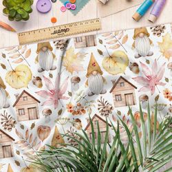 Ткань интерлок осенние листья гномы дома