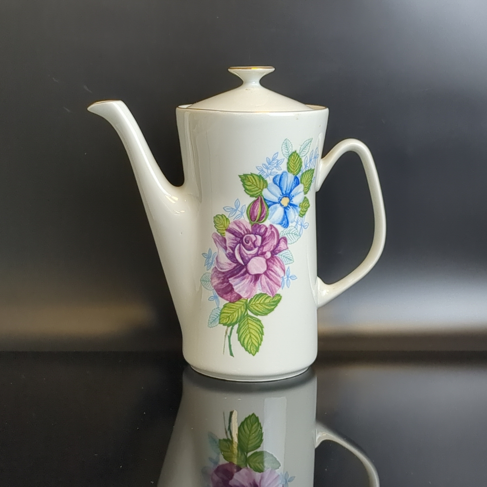 Кофейный чайник фарфоровый, изящный декор голубых цветов, Wloclawek porcelana, золочение, винтаж Польша, времён СССР 1967-1973 гг