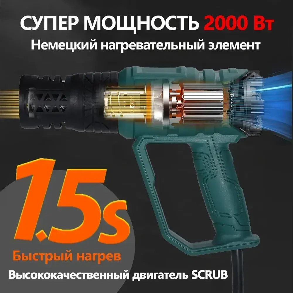 Строительный фен/Промышленный фен 2000 Вт, 60-650 градусов, бесступенчатая регулировка температуры,С дисплеем, 4 насадки