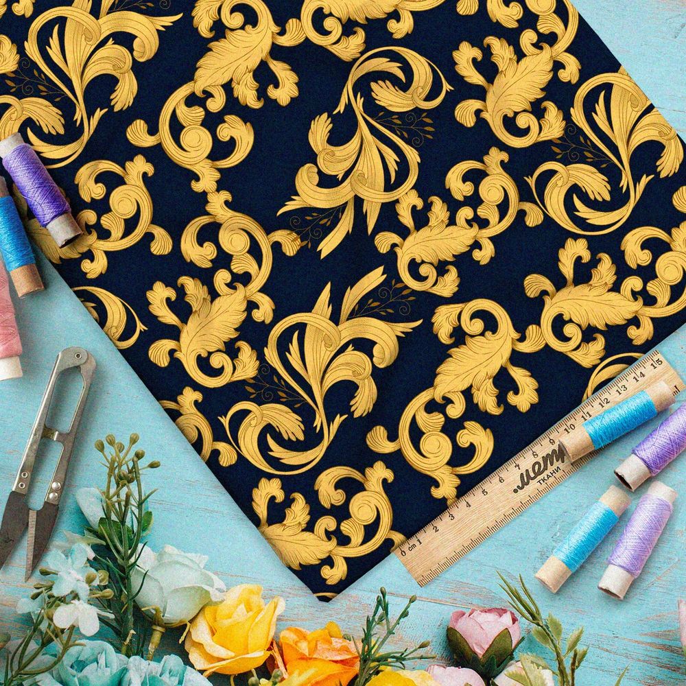 Ткань дюспо золотые завитки листьев на чёрном фоне