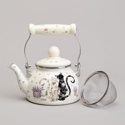 ЧАЙНИК AGNESS ЭМАЛИРОВАННЫЙ СО СЪЕМНЫМ ФИЛЬТРОМ ИЗ НЖС СЕРИЯ "LAVANDER CATS", 0,85 Л