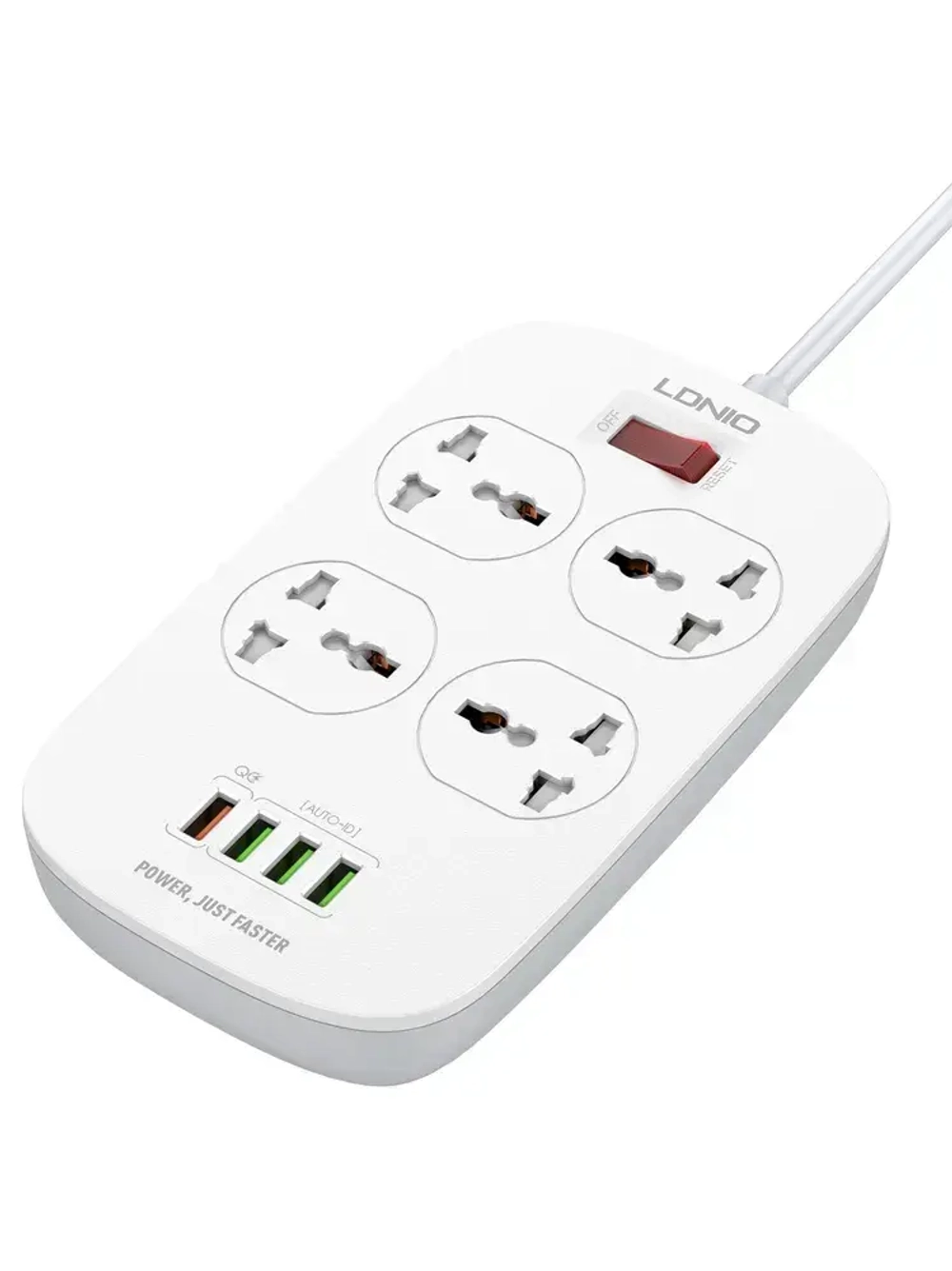 LDNIO cетевой фильтр с умной зарядкой, модель SC4407Q, 2 метра, 4 USB, тройник разветвитель с заземлением и выключателем, белый