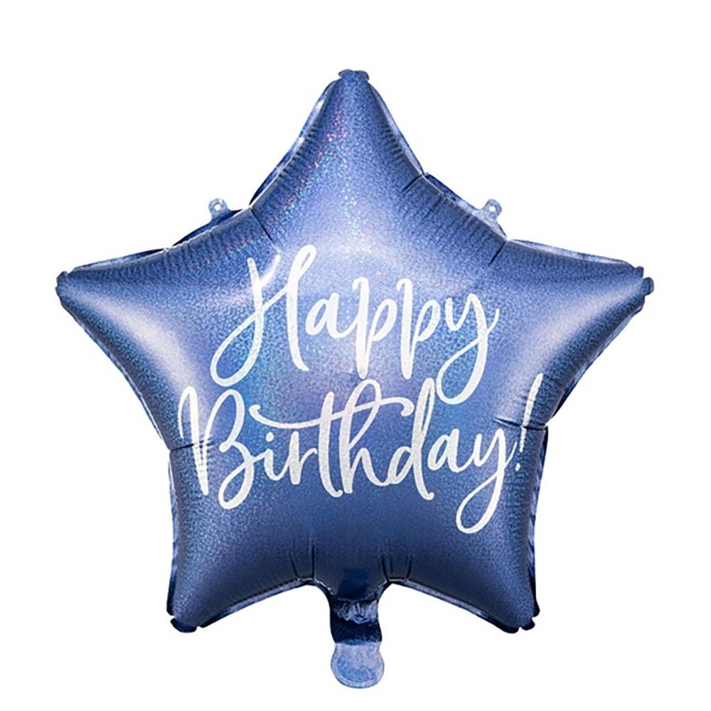 звезда с гелием синего цвета с голографической надписью Happy Birthday