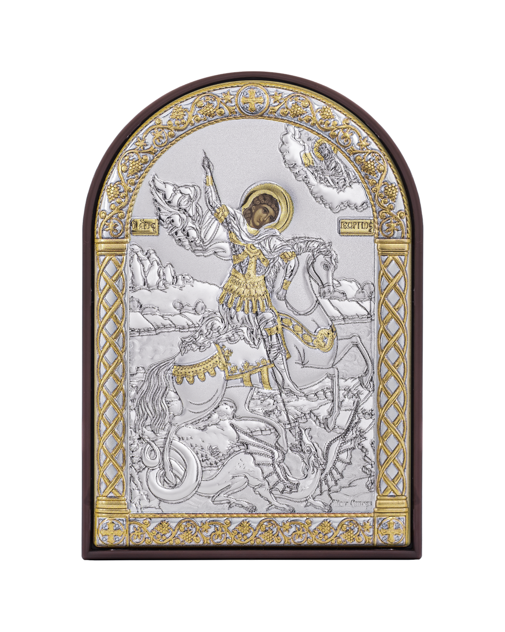 Георгий Победоносец, икона арочная, пластик коричневый 80х115