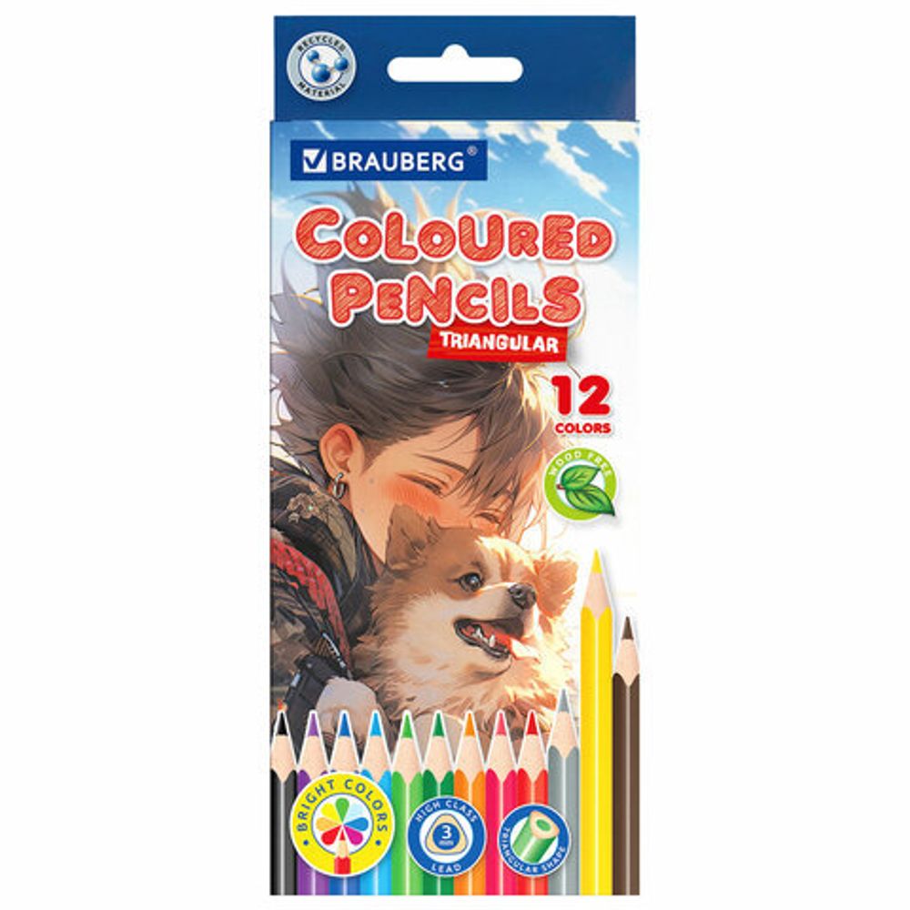 Карандаши цветные "АССОРТИ 8 ДИЗАЙНОВ 3+ лет", 12 цветов, трехгранные, BRAUBERG, 182055