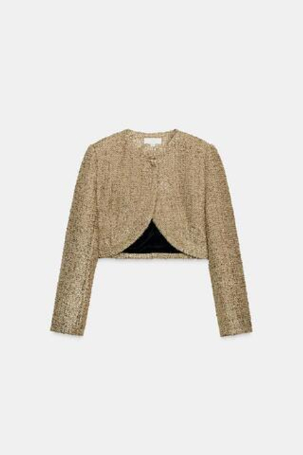 ZARA УКОРОЧЕННАЯ ЖАККАРДОВАЯ КУРТКА С МЕТАЛЛИЗИРОВАННОЙ НИТЬЮ, ЗОЛОТИСТЫЙ
