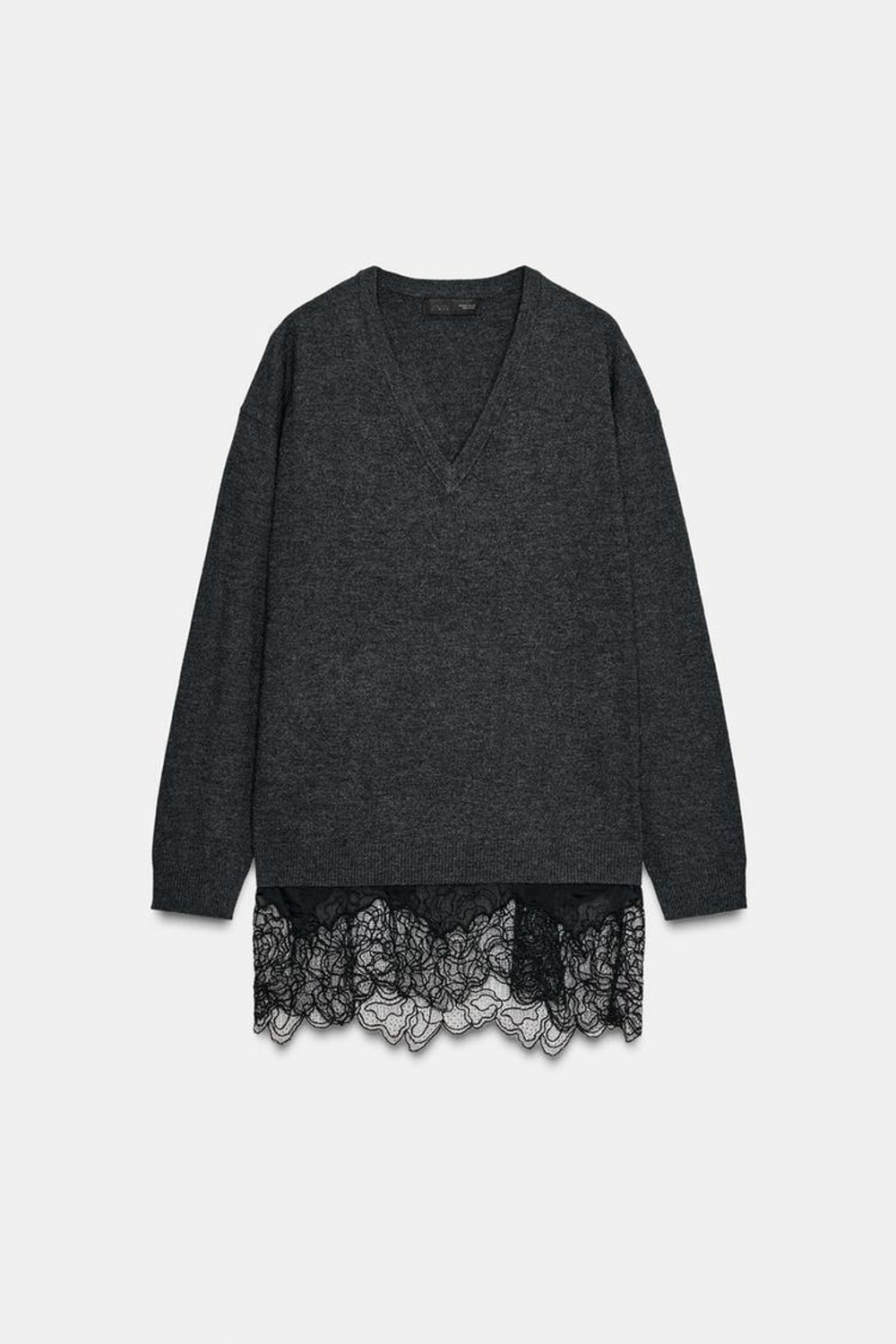 ZARA ДЛИННЫЙ СВИТЕР С КОНТРАСТНЫМ КРУЖЕВОМ, СЕРЫЙ