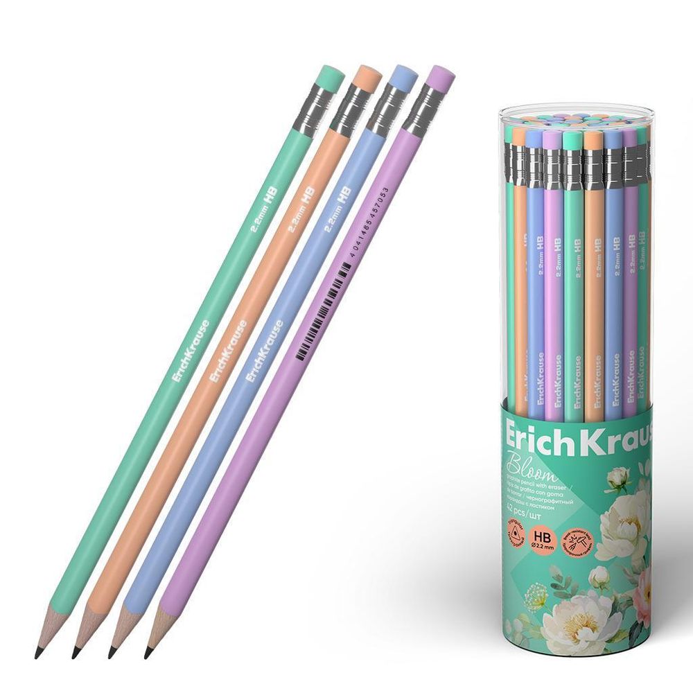 Карандаш ч/г трехгранный , с ластиком, HB &quot;Pastel Bloom&quot; (Erich Krause)