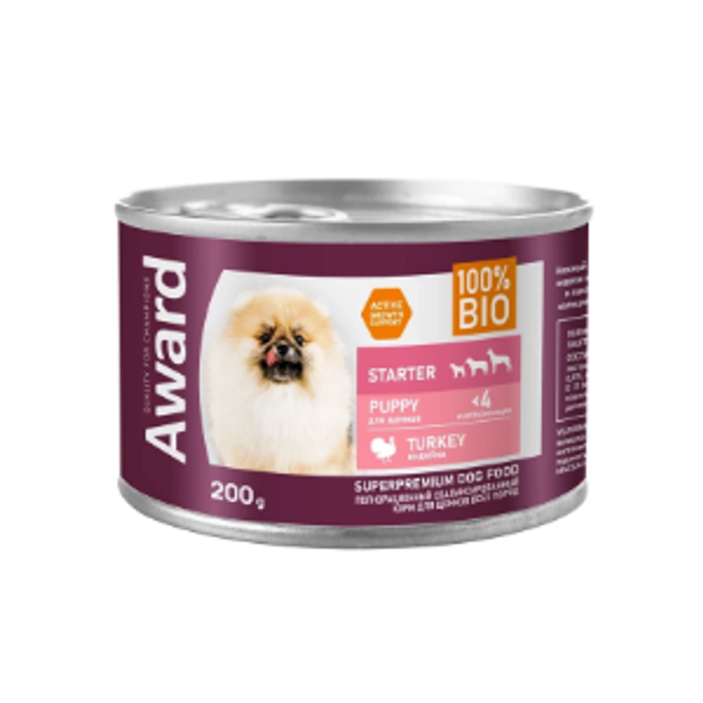 Влажный корм AWARD для щенков с начала прикорма до 4 месяцев, беременных и кормящих сук паштет из индейки 200г - 12 шт