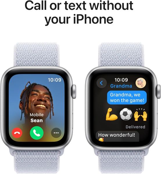 Умные часы Apple Watch SE 2024 44 мм из алюминия серебристого цвета, нейлоновый браслет дымчато-голубого цвета