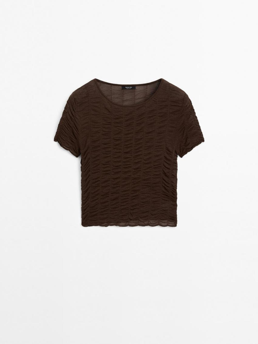 Massimo Dutti Трикотажная футболка со сборкой, коричневый