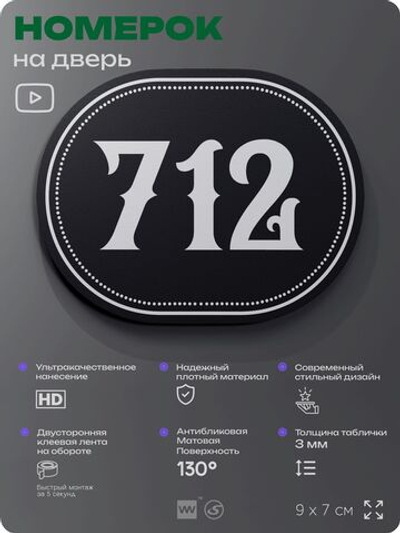 Номерок на дверь квартиры 712, для кабинета, офиса, шильдик 9 х 7 см, черный, Айдентика Технолоджи