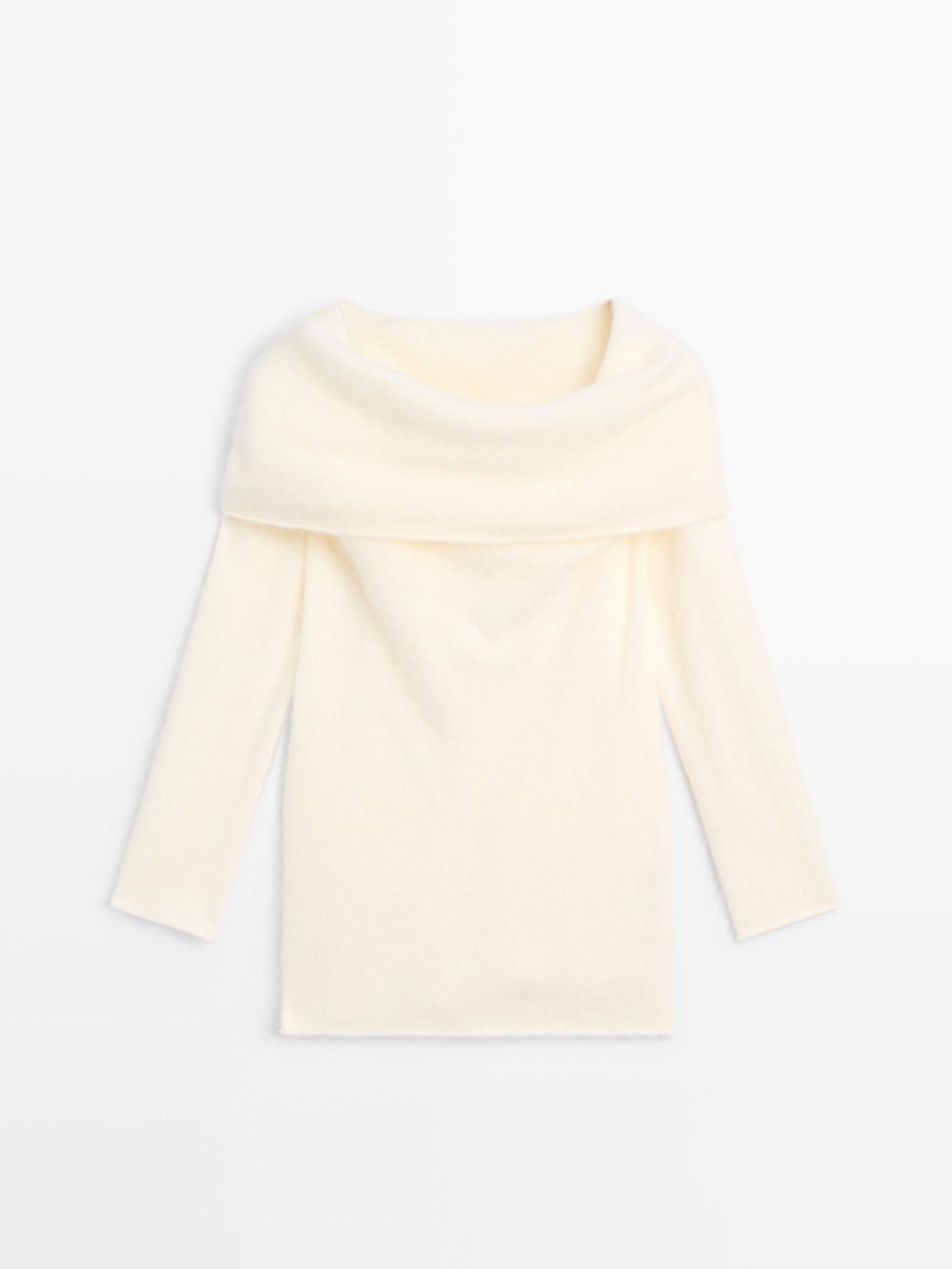 Massimo Dutti Трикотажный свитер из шерсти и кашемира с открытыми плечами, белый