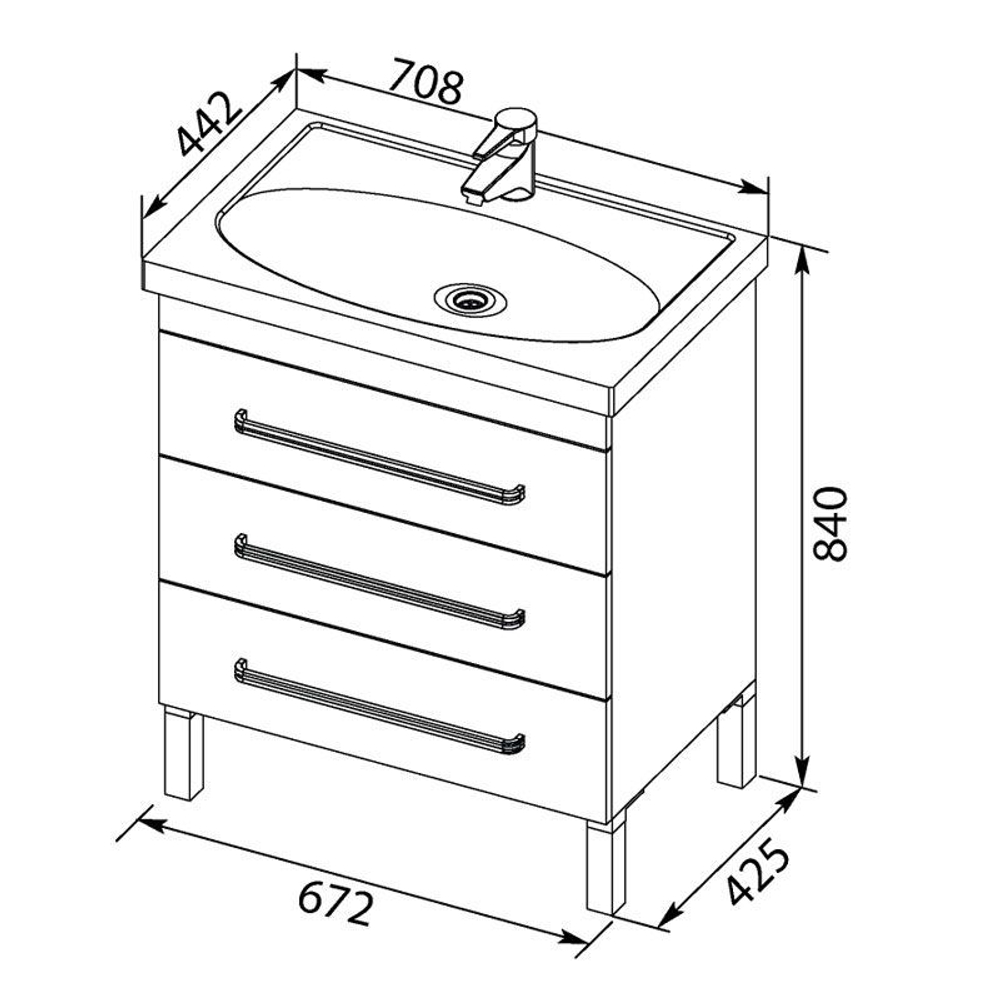 Тумба с раковиной Aquanet Сиена 70 белый (напольный 3 ящика)