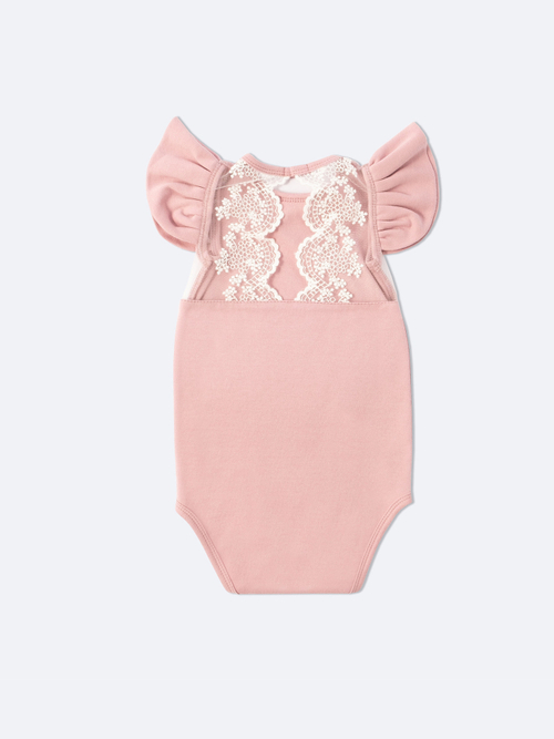 Боди c кружевной спинкой с коротким рукавом, Пудровый