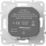 Механизм розетки Schuko 16А 250 В~ с зарядным устройством USB A+C, 5V/3A, мощность 20W, на винтах