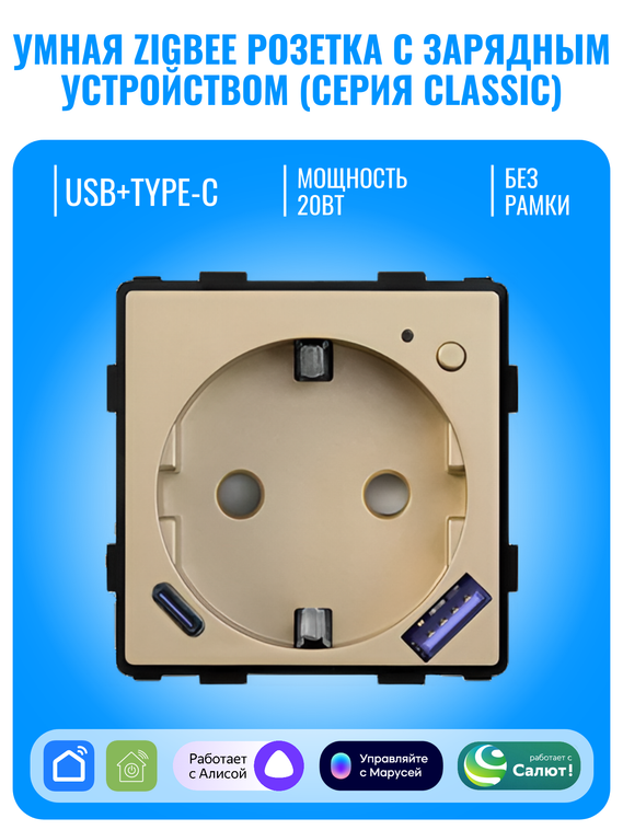 Умная ZigBee розетка с зарядным устройством USB и Type-C Smart Aura серия Classic без рамки