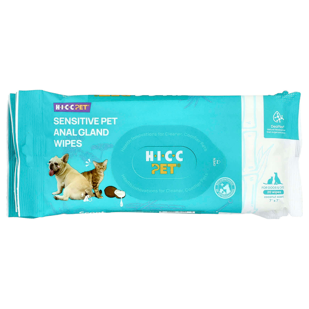 HICC Pet, чувствительные салфетки для анальной железы, для собак и кошек, с кокосом, 6 упаковок по 20 салфеток