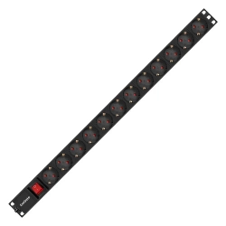 Блок розеток вертикальный ExeGate ServerPro PDU-V120 Al-12S-EU2.5-SW (19", 1U, Алюминий, кабель с евровилкой VDE-250V-16A-3*1.5mm2, 2.3 метра, выкл. с подсветкой, черный, RTL)