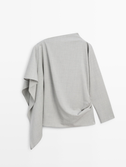 Massimo Dutti Асимметричная блузка с воланами из 100% шерсти - STUDIO, серый