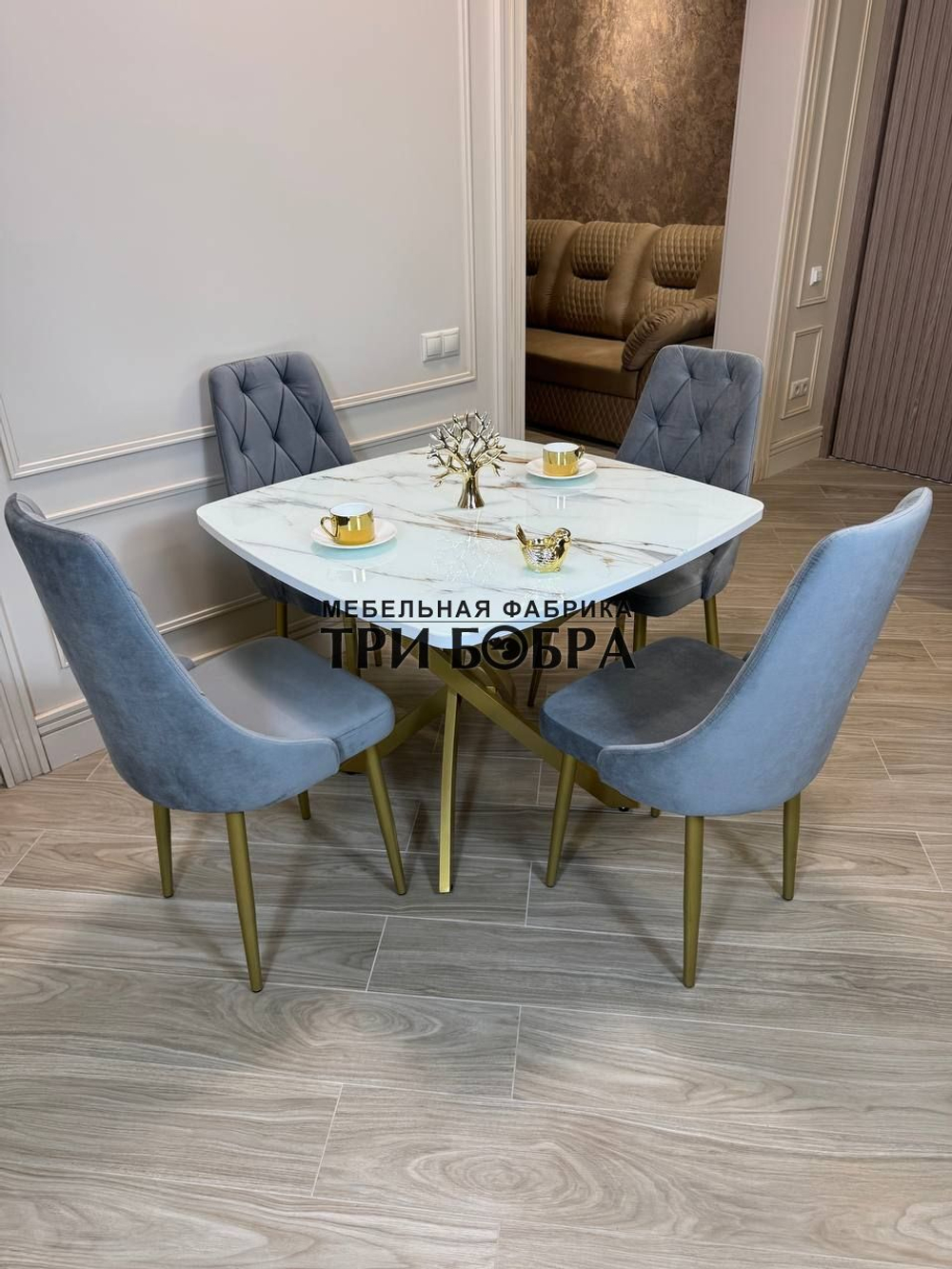 Кухонный раздвижной стол "ТАНГО" , белый мрамор и 4 стула Лондон