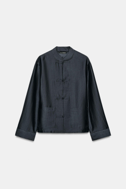 ZARA АТЛАСНАЯ РУБАШКА С ЗАСТЕЖКОЙ НА ПЕТЛИ ZW COLLECTION, МОРСКОЙ СИНИЙ