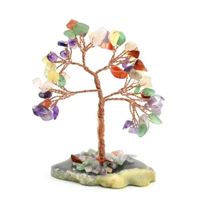 Дерево счастья на срезе агата с самоцветами 65*40*90 мм