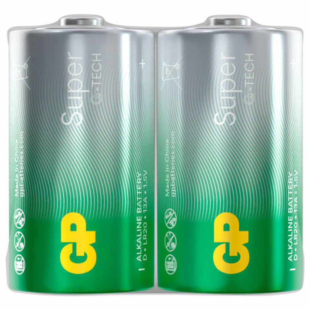 Батарейки GP Super, D (LR20, 13А), алкалиновые, КОМПЛЕКТ 2 шт., в пленке, 13A-OS2