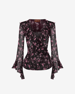Блуза из принтованного шифона с воланами и завязками