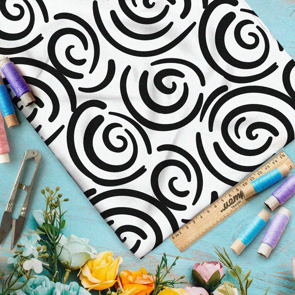 Ткань дюспо чёрные круговые узоры на бежевом фоне