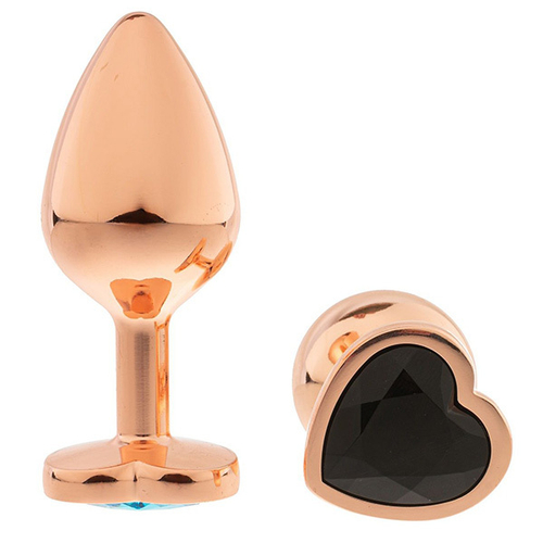 Золотистая анальная пробка OYO 7,3см с черным кристаллом-сердцем