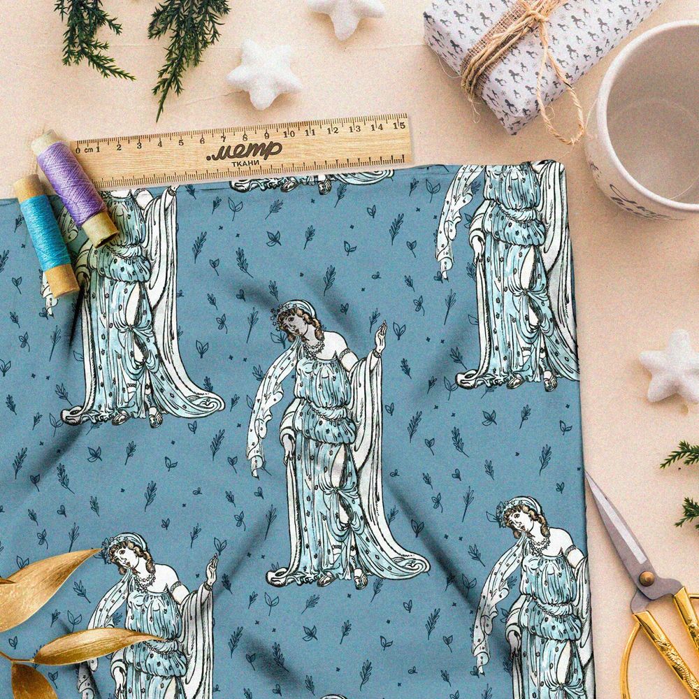 Ткань лён древнегреческие богини на голубом фоне