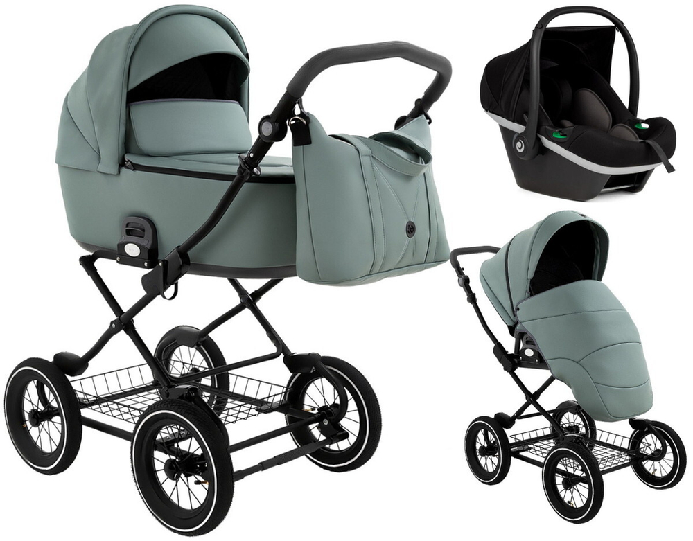 Детская коляска Roan Bass Next Classic Кожа d12 3 в 1 с автокреслом Elo Black RCL303/1 Misty Mint/Grey