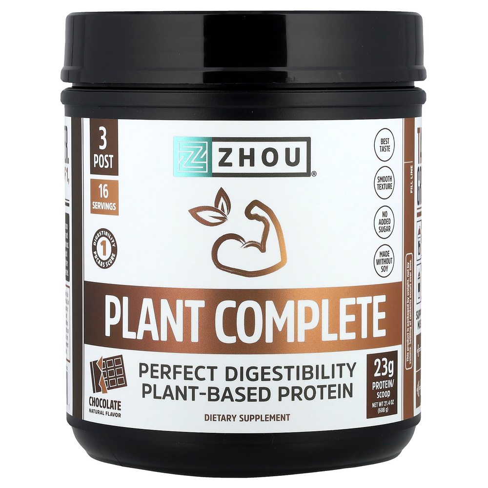 Zhou Nutrition, Plant Complete, растительный протеин для идеальной усвояемости, шоколад, 608 г (21,4 унции)