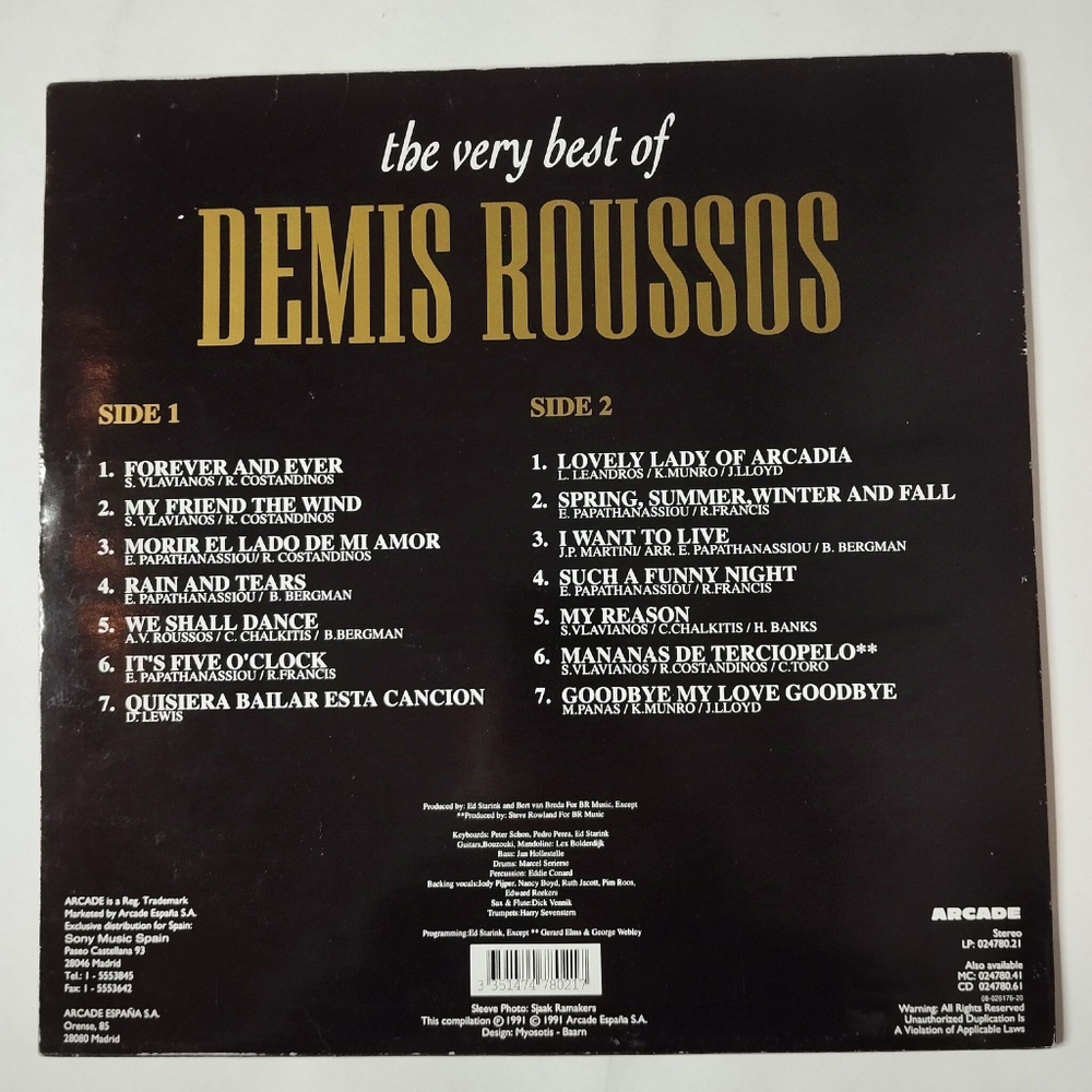 Винтажная виниловая пластинка LP The Very Best Of Demis Roussos Демис Руссос (Spain 1991)