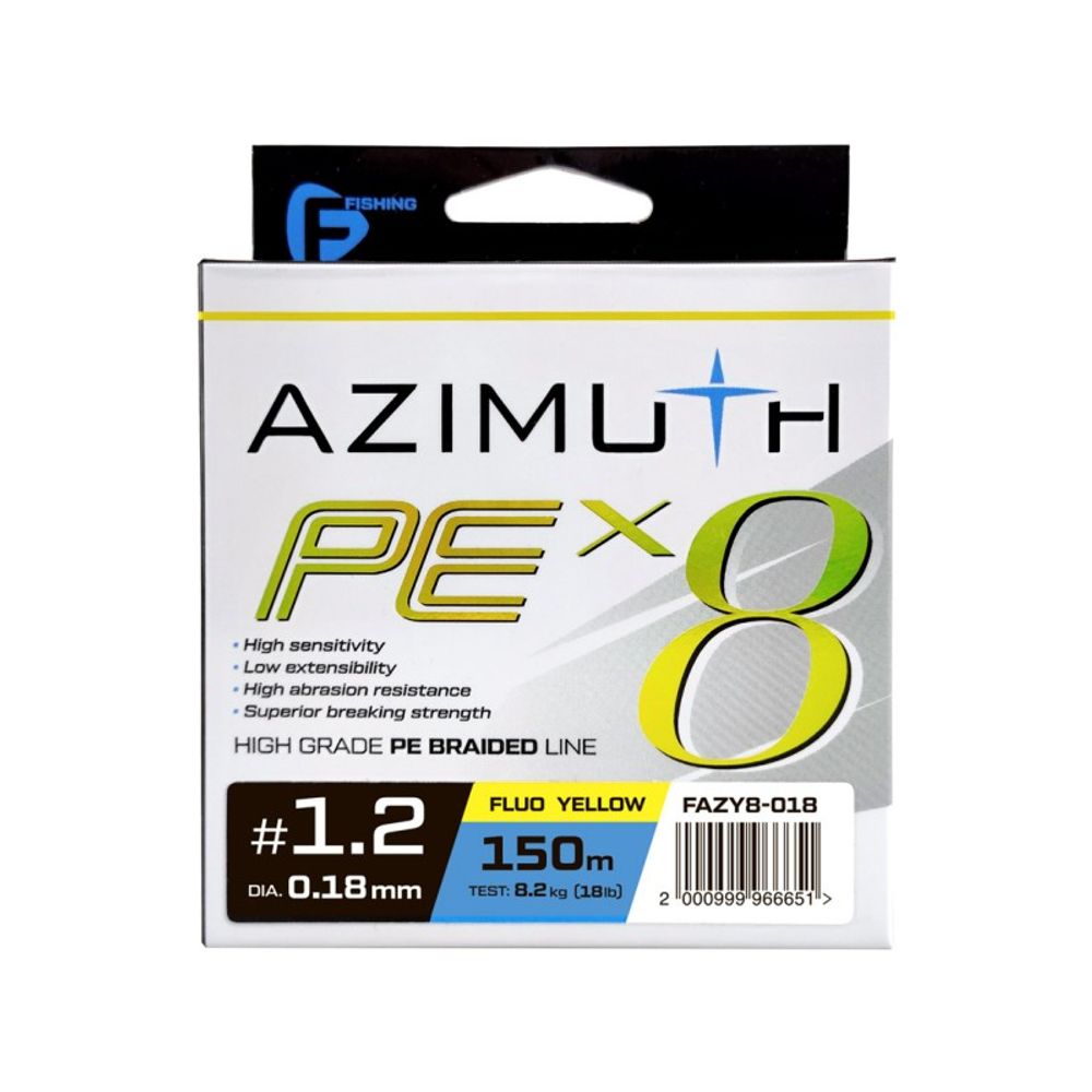 F-FISHING Шнур Azimuth PE X8 150м Fluo Yellow 0,18мм 8,2кг/18lb