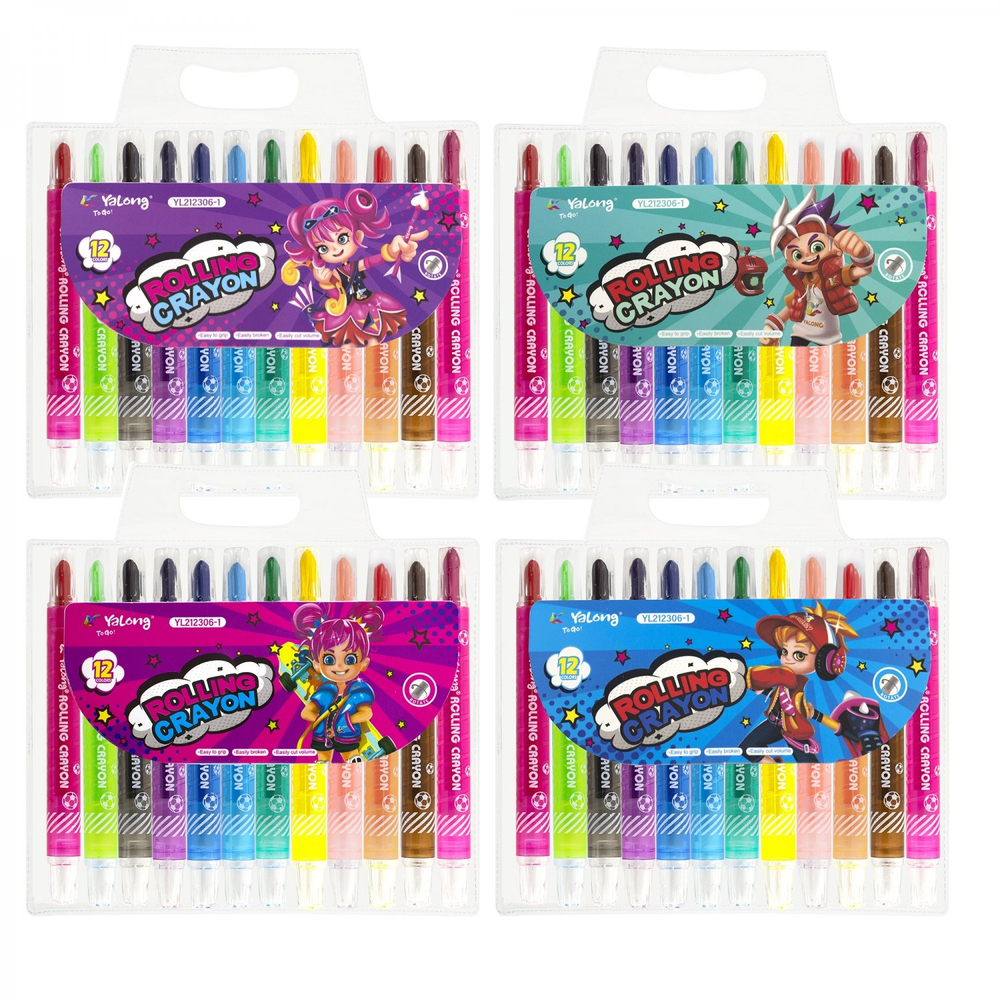 Мелки восковые Yalong 12 цв., "Rolling Crayon", пластиковый прозрачный корпус с рисунком и выдвижным механизмом, упаковка ПВХ, европодвес