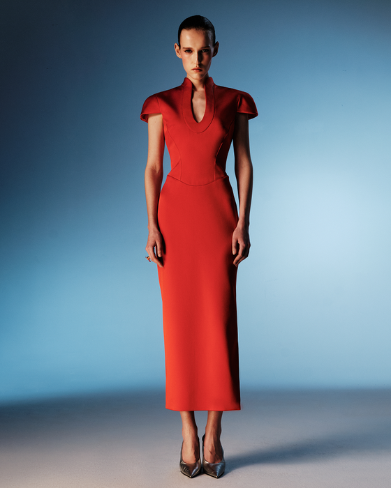 Платье миди из сатина с боковым разрезом