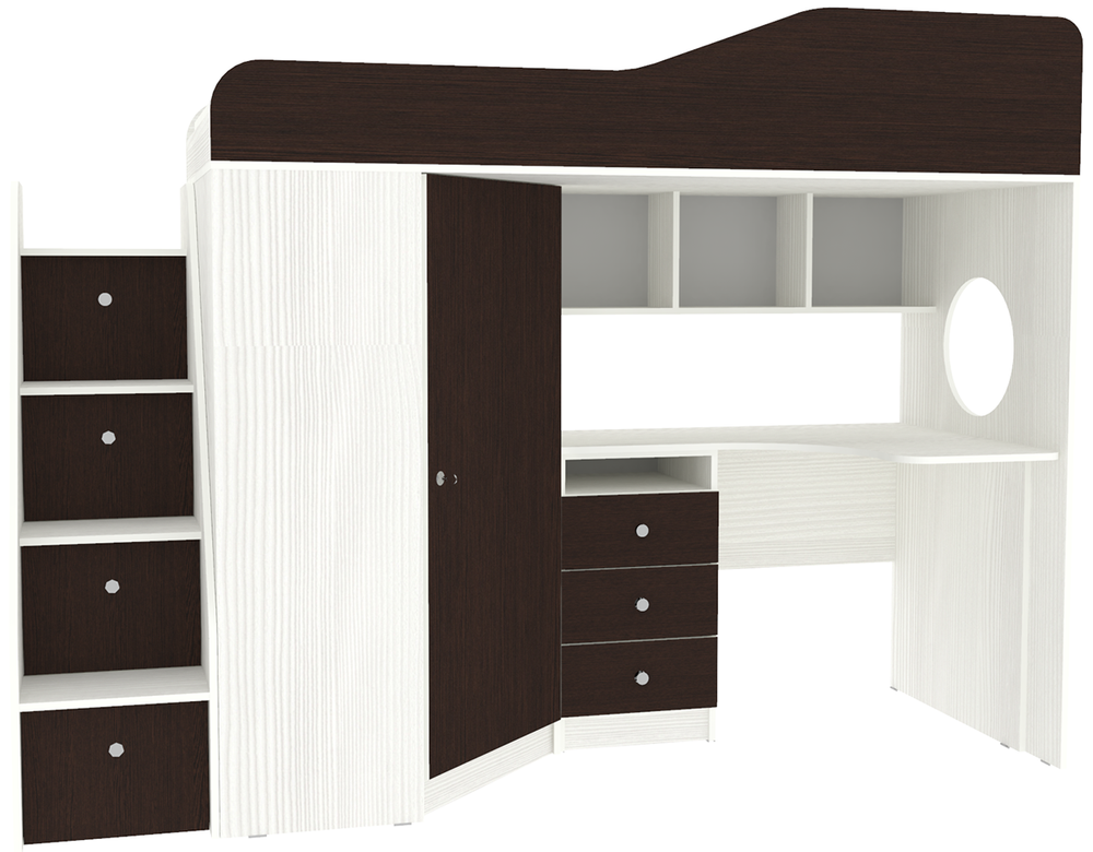 Кровать-чердак КарИВи Кадет 1 с универсальной лестницей Белое Дерево Венге