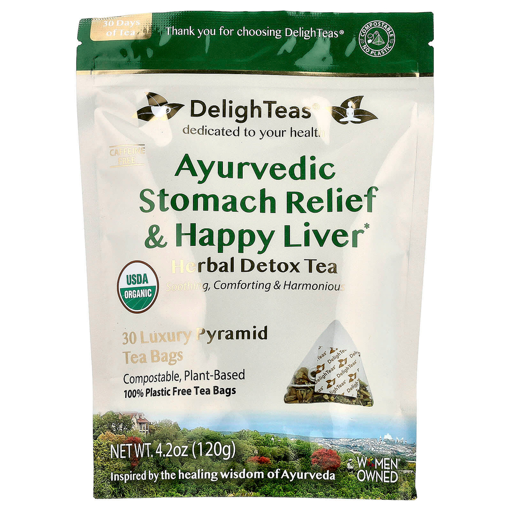 DelighTeas, Ayurvedic Stomach Relief & Happy Liver, травяной чай для выведения токсинов, без кофеина, 30 роскошных чайных пакетиков Pyramid, 120 г (4,2 унции)