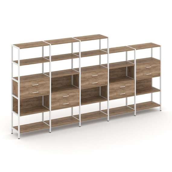 Shelf System Пятисекционный стеллаж пятиярусный с ящиками SN.STM-551 Дуб Табак/Металл Белый 3930*400