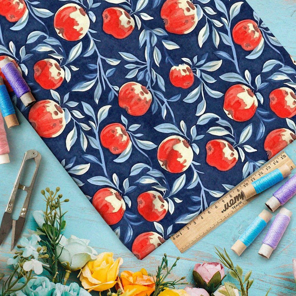 Ткань премиум флис яркие фрукты на синем