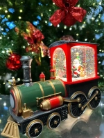 Новогодний музыкальный фонарь светильник паровозик с Дедом Морозом и снегом