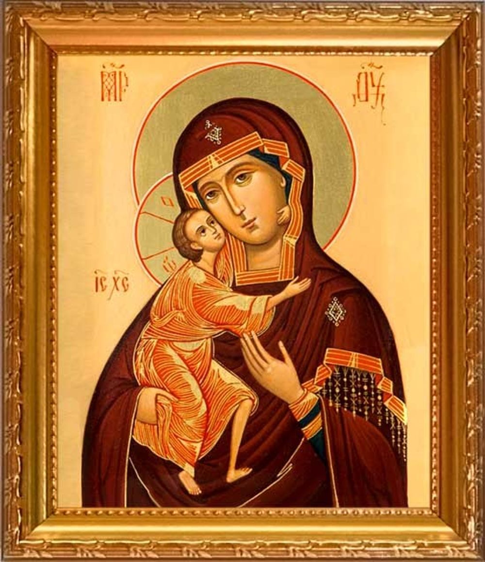 Феодоровская икона Божией Матери на холсте в раме.